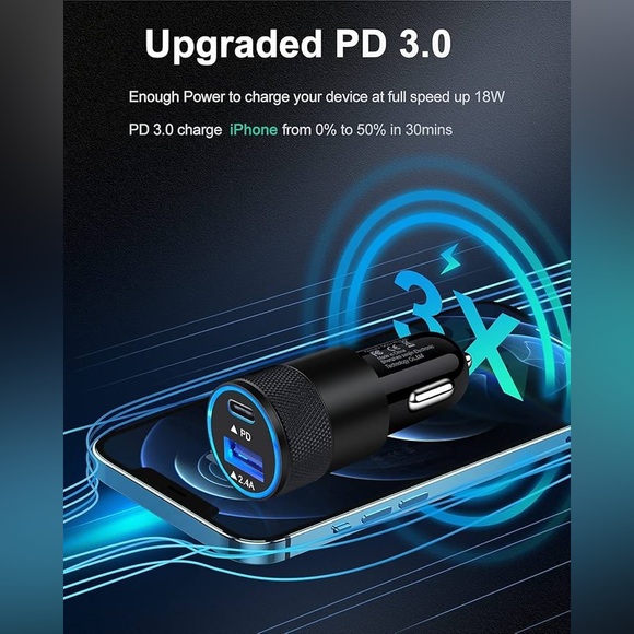 30W USB C Car Charger PD 3.0 Fast Charge Dual Port USB Type C 2.4a USB A Cagardo - Picture 3 of 11